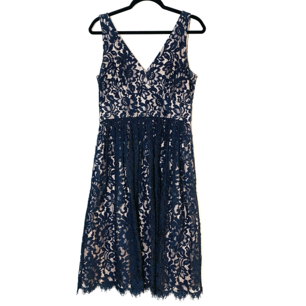 ELIZA J Floral Lace Illusion Dress Size 8 Navy Blue Sleeveless Cocktail Party